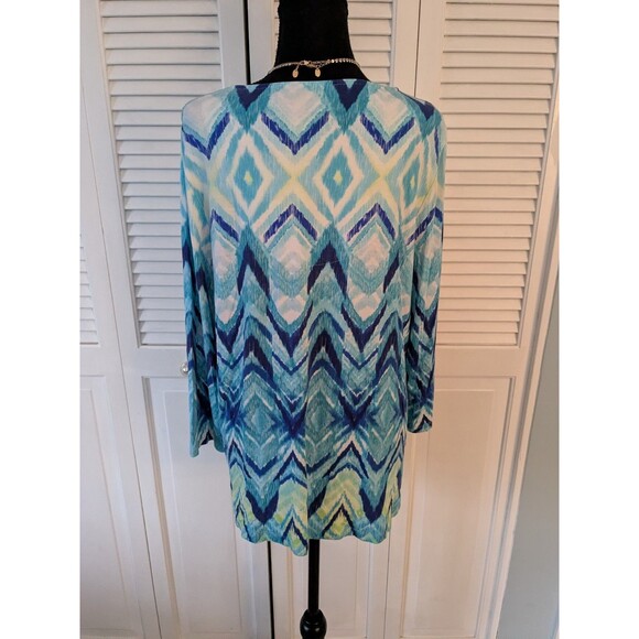 Chicos Top Womens sz L/2 Blue Aqua Zigzag Stripe Blouse 3/4 Sleeve Stretch Beach - Picture 6 of 10
